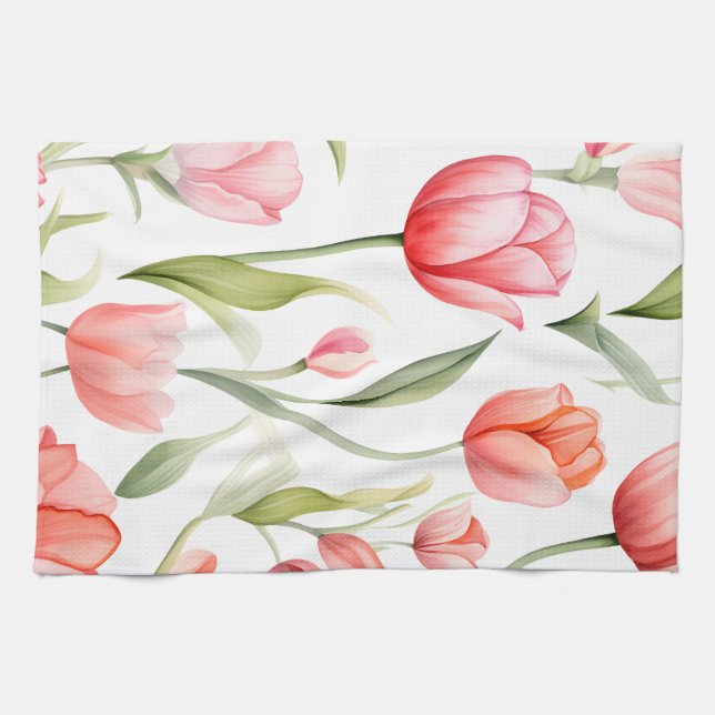 Elegant Watercolor Tulips Tea Towel (Horizontal)