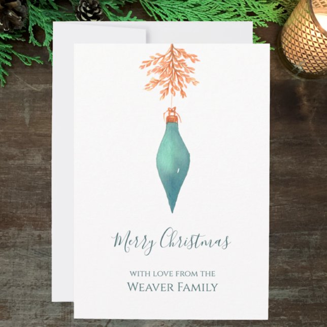 Elegant Watercolor Turquoise Christmas Bauble Holiday Card (Hand painted watercolor, aqua teal minimalistic Christmas card. Personalize elegant script. )