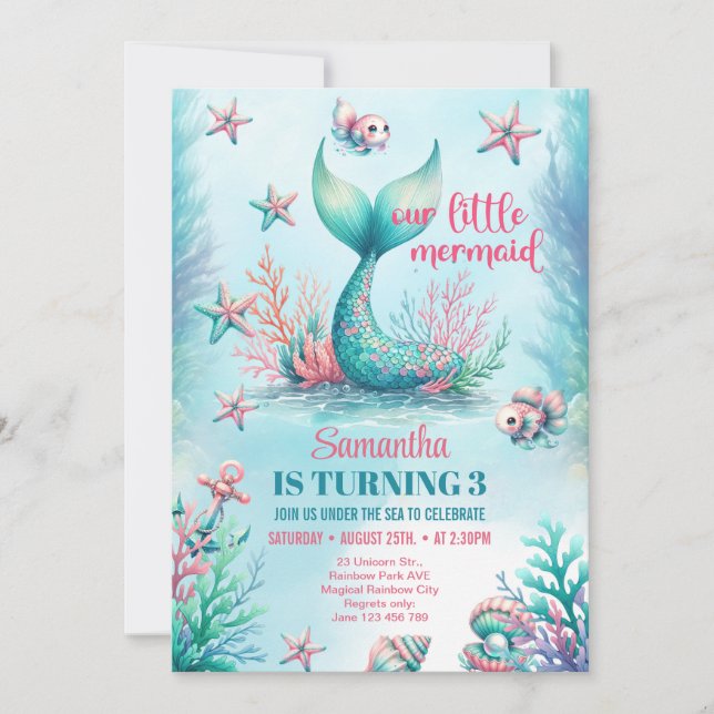 Elegant watercolor turquoise mermaid tail birthday invitation (Front)