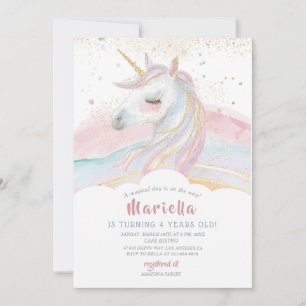 Elegant Watercolor Unicor Birthday Rainbow Girl b Invitation