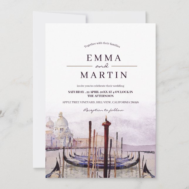 Elegant Watercolor Venice Wedding Italy Wedding Invitation (Front)