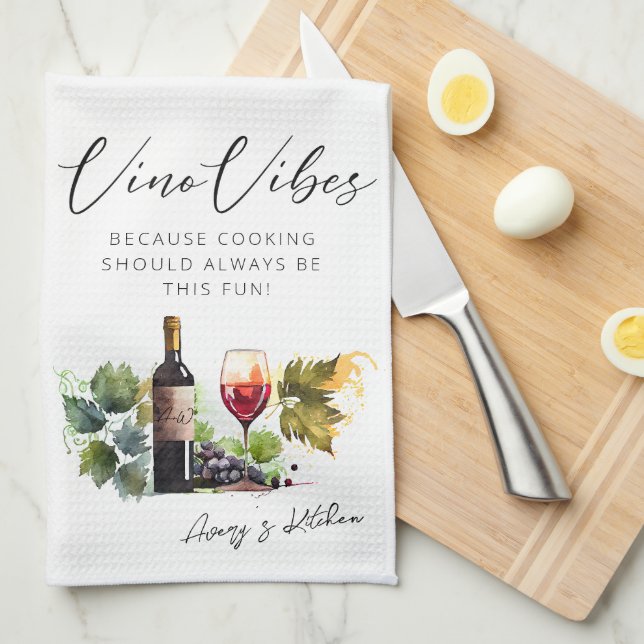 Elegant Watercolor Vino Vibes Vineyard Quote Tea Towel (Quarter Fold)