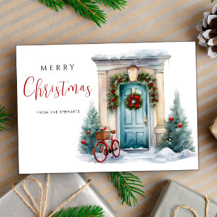 Elegant Watercolor Vintage Door Christmas Holiday Card
