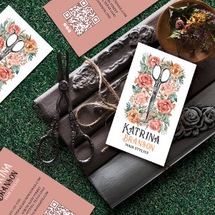 Elegant Watercolor Vintage Scissors & Floral  Business Card