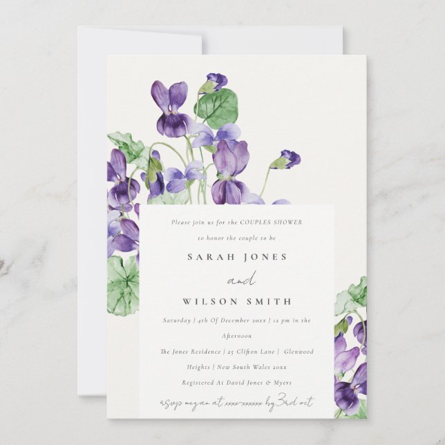 Elegant Watercolor Violet Floral Couples Shower Invitation (Front)