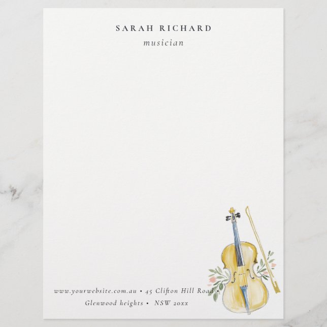 Elegant Watercolor Violin Musician Music Teacher Custom Letterhead (Front)