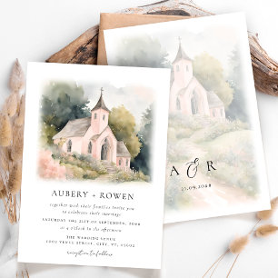 Elegant Watercolor Wedding Chapel Illustration Invitation