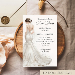 Elegant Watercolor Wedding Dress Bridal Shower  Invitation