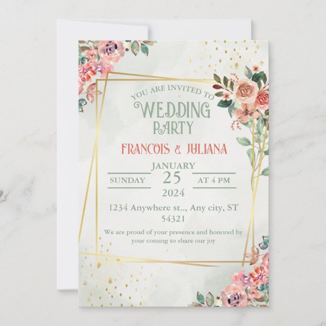 Elegant Watercolor Wedding: Green,Gold,Pink  Invitation (Front)