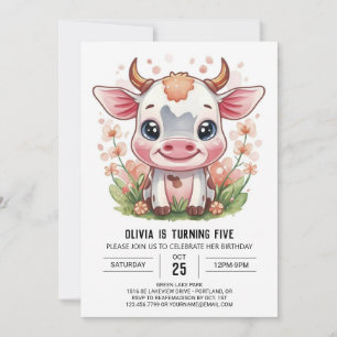 Elegant Watercolor Whimsical Cow Birthday Invitation