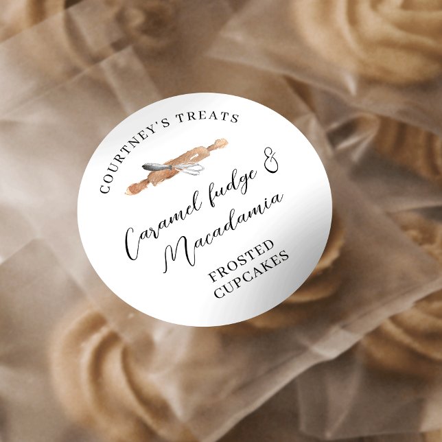 Elegant Watercolor Whisk Pastry Cupcakes Cookies Classic Round Sticker (Elegant bakery stickers featuring rolling pin and whisk graphics)