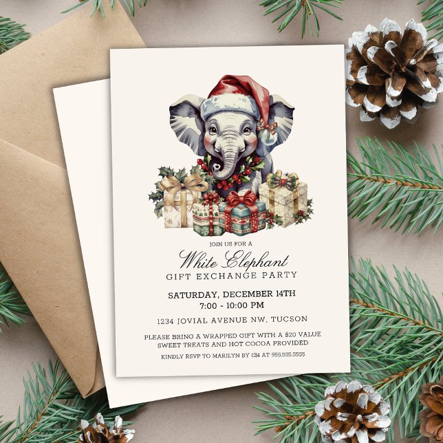 Elegant Watercolor White Elephant Gift Exchange Invitation (Elegant white elephant gift exchange invitations for christmas holiday corporate office party invite)