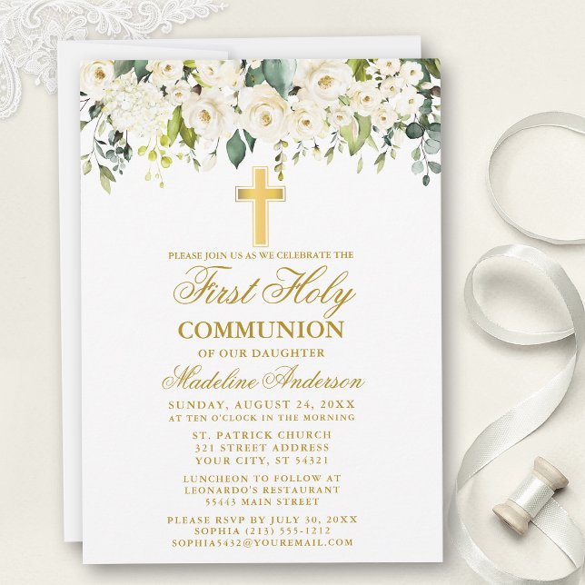 Elegant Watercolor White Floral First Communion Invitation (Customize to change text color, size, style or to add photos or more text to back of card.)