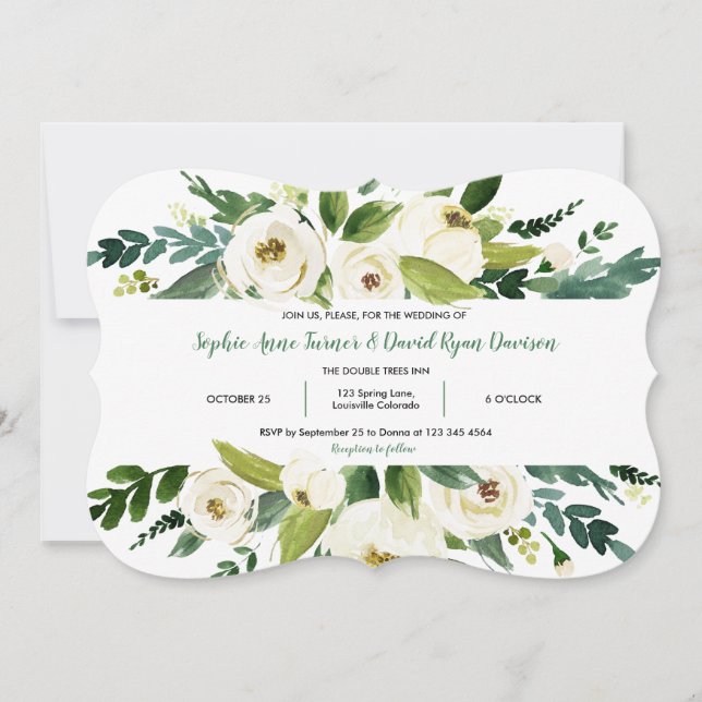 Elegant Watercolor White Floral Frame Wedding Invitation (Front)