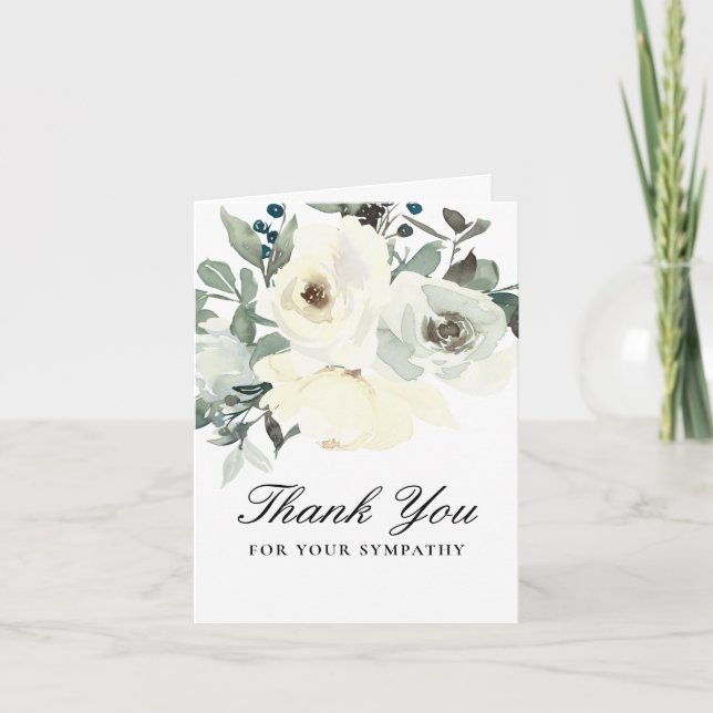 Elegant Watercolor White Floral Funeral Thank You Card (Front)