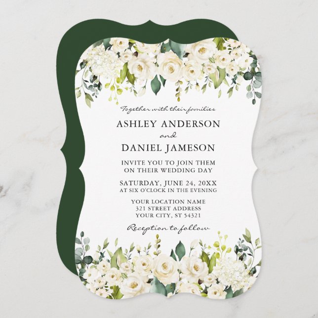 Elegant Watercolor White Floral Greenery Wedding Invitation (Front/Back)
