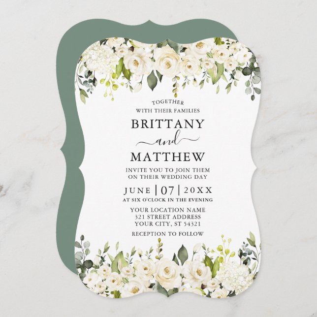 Elegant Watercolor White Floral Sage Green Wedding Invitation (Front/Back)