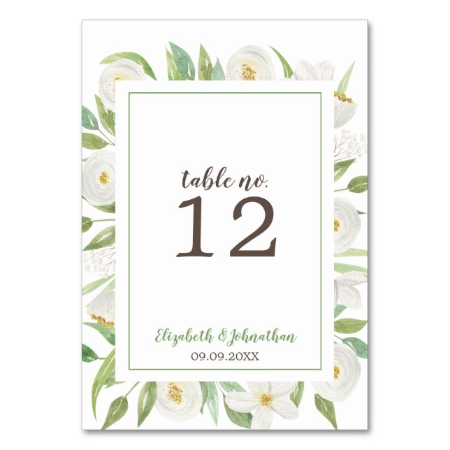 Elegant Watercolor White Floral Wedding Reception Table Number (Front)