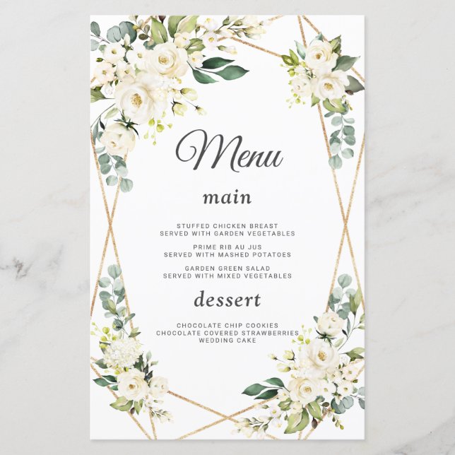 Elegant Watercolor White Flowers Gold Wedding Menu (Front)