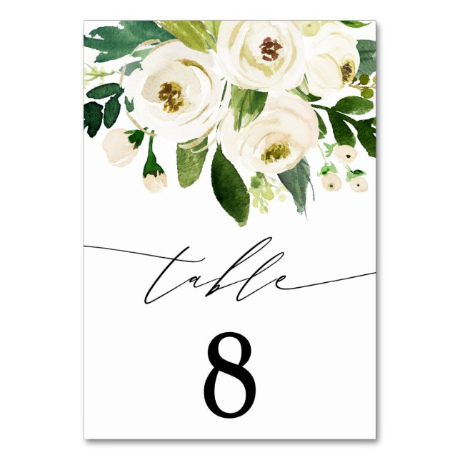 Elegant Watercolor White Flowers Greenery Wedding Table Number (Front)