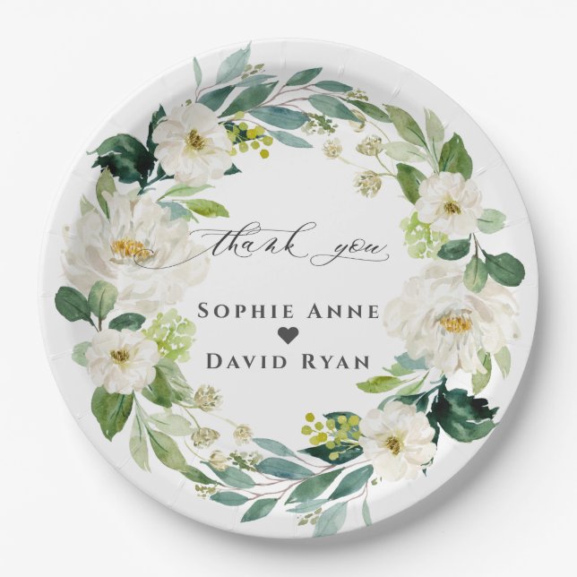 Elegant Watercolor White Flowers Wreath Wedding   Paper Plate (Front)