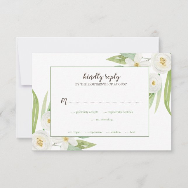 Elegant Watercolor White & Green Floral Wedding RSVP Card (Front)