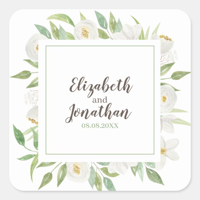 Elegant Watercolor White & Green Floral Wedding Square Sticker (Front)
