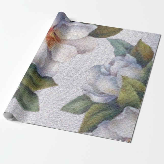 Elegant Watercolor White Magnolia Flower Wrapping Paper (Unrolled)