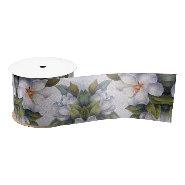 Elegant Watercolor White Magnolia Flower Wrapping  Satin Ribbon (Spool)