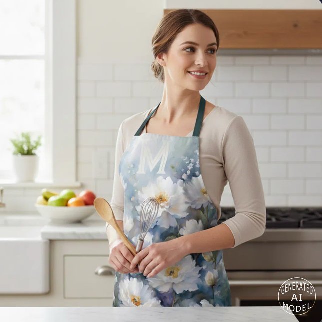 Elegant Watercolor White Peonies Monogram Name Apron (Creator Uploaded)