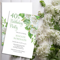 Elegant Watercolor White Roses 40th Birthday Party