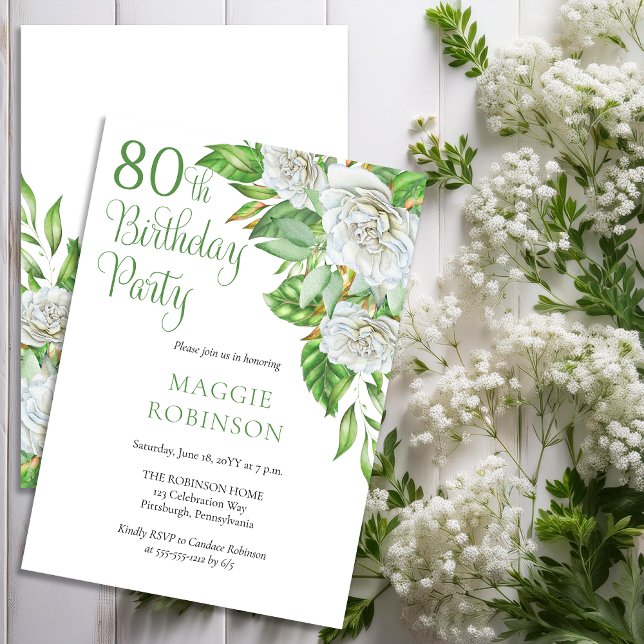 Elegant Watercolor White Roses 80th Birthday Party Invitation (Elegant Watercolor White Roses and Greenery 80th Birthday Party Invitation - Print | Download)