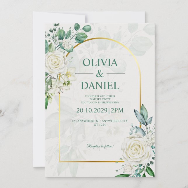 Elegant Watercolor White Roses Wedding Invitation (Front)