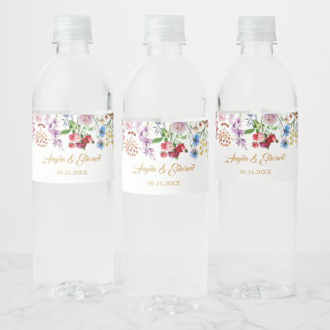Elegant Watercolor Wild Florals Wedding Water Bottle Label (Bottles)