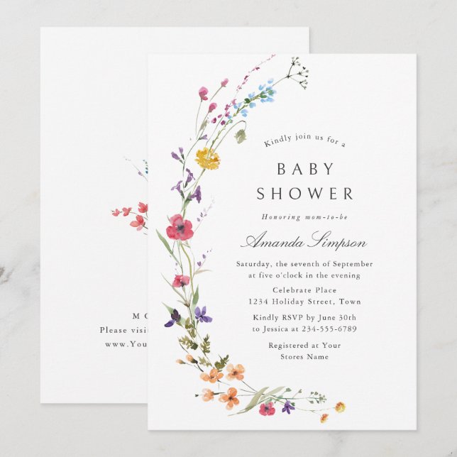 Elegant Watercolor Wild Flowers Baby Shower Invitation (Front/Back)
