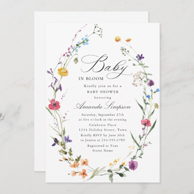 Elegant Watercolor Wild Flowers Baby Shower Invitation (Front/Back)
