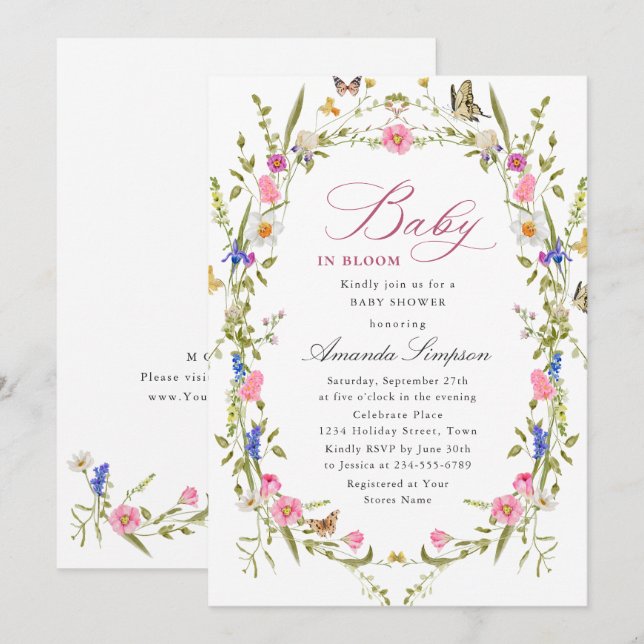 Elegant Watercolor Wild Flowers Baby Shower Invitation (Front/Back)
