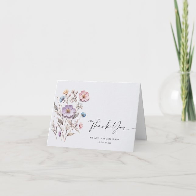 Elegant Watercolor Wild Flowers Botanical Wedding Thank You Card (Front)