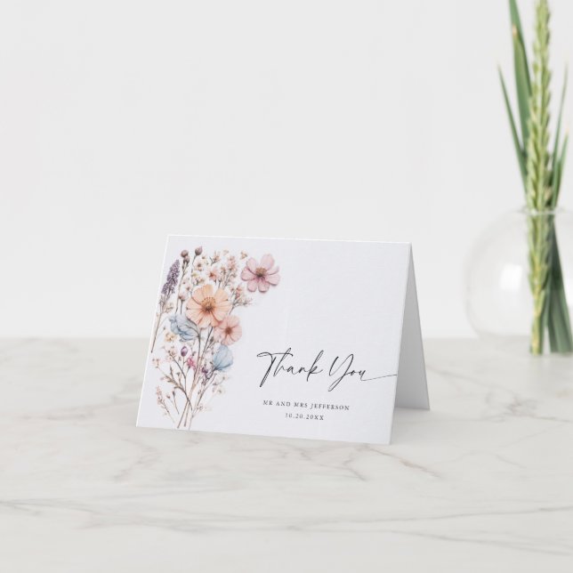 Elegant Watercolor Wild Flowers Botanical Wedding Thank You Card (Front)