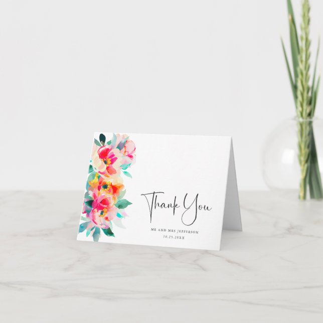 Elegant Watercolor Wild Flowers Botanical Wedding Thank You Card (Front)