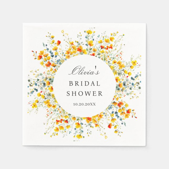 Elegant Watercolor Wild Flowers Bridal Shower Napkin (Front)