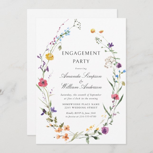 Elegant Watercolor Wild Flowers ENGAGEMENT PARTY Invitation (Front/Back)