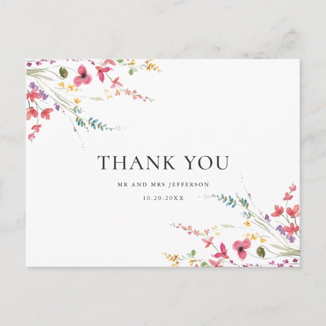 Elegant Watercolor Wild Flowers Floral Thank You Postcard (Front)