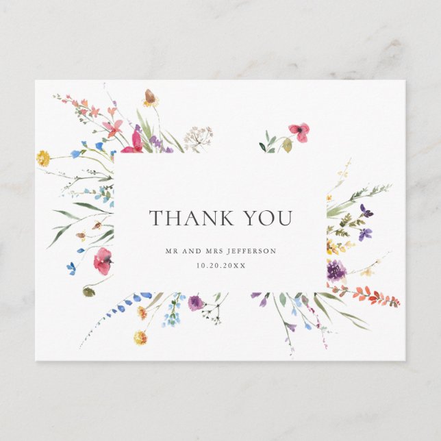 Elegant Watercolor Wild Flowers Floral Thank You Postcard (Front)