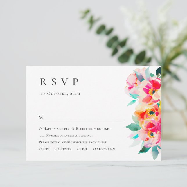 Elegant Watercolor Wild Flowers Floral Wedding RSVP Card (Standing Front)