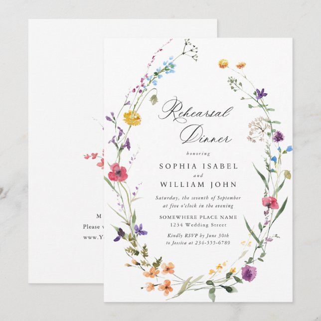 Elegant Watercolor Wild Flowers Rehearsal Dinner Invitation (Front/Back)