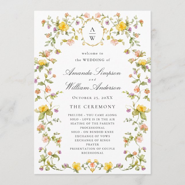 Elegant Watercolor Wild Flowers Wedding Ceremony Programme (Front)