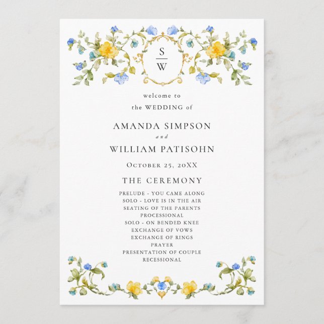Elegant Watercolor Wild Flowers Wedding Ceremony Programme (Front)
