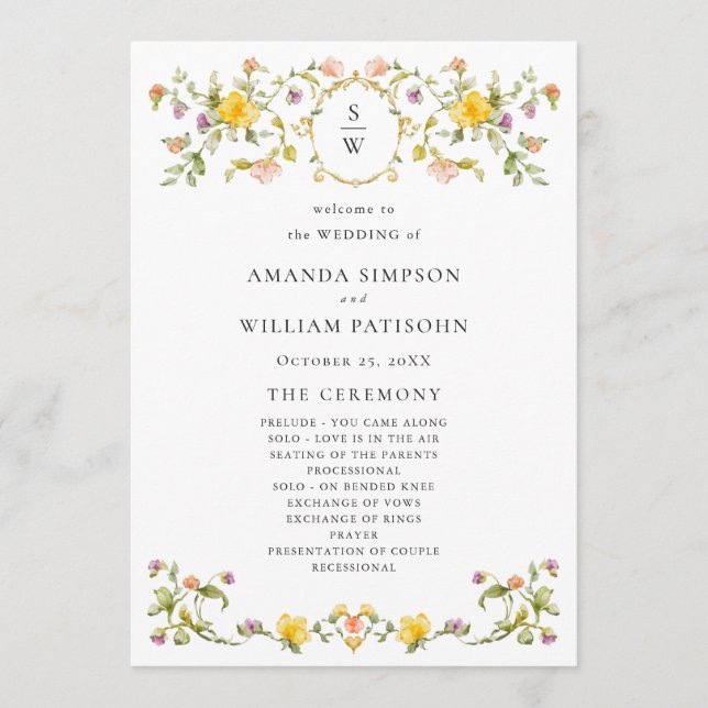 Elegant Watercolor Wild Flowers Wedding Ceremony Programme (Front)