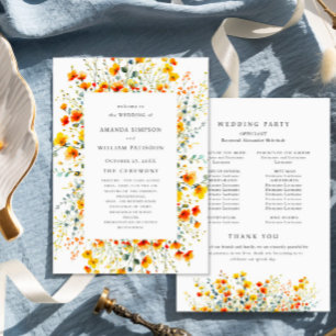 Elegant Watercolor Wild Flowers Wedding Ceremony Programme